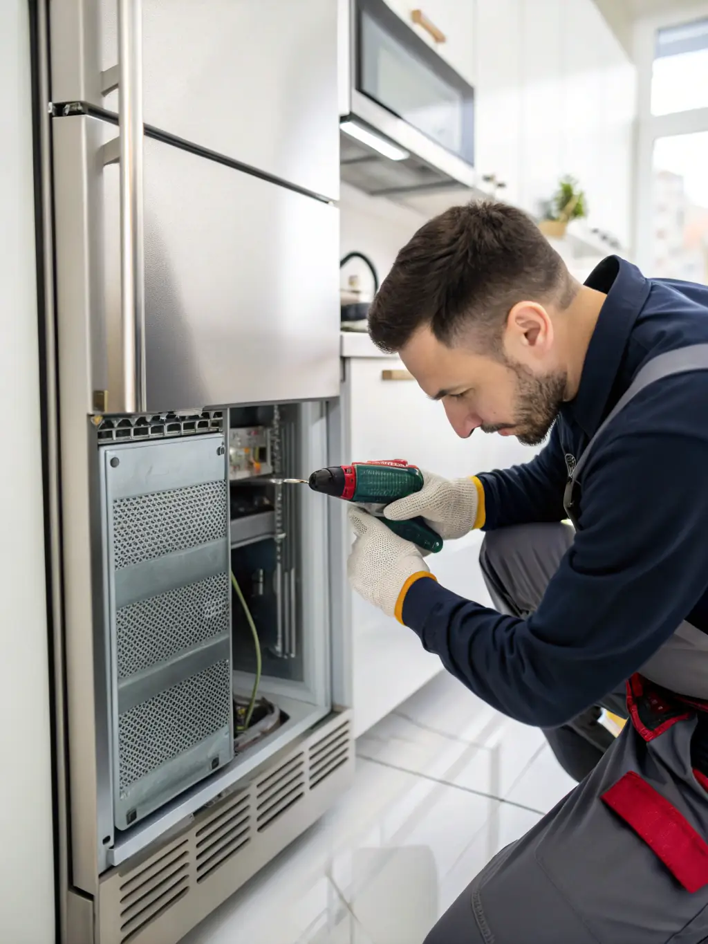 Close-up shot of a technician expertly repairing the internal components of a refrigerator, emphasizing precision and skill. The setting is a clean, modern kitchen.