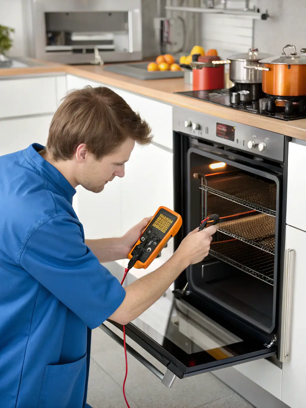 A technician using a digital multimeter to diagnose an issue with an oven, highlighting the use of advanced tools and diagnostic techniques.