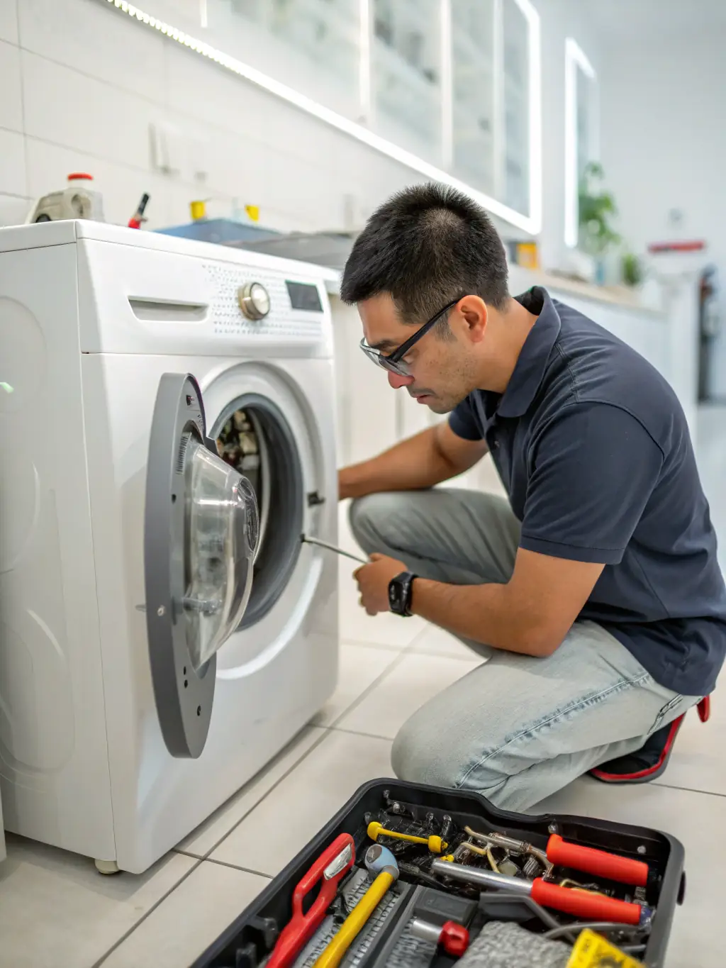 A technician carefully examining the internal components of a washing machine, showcasing attention to detail and thoroughness.