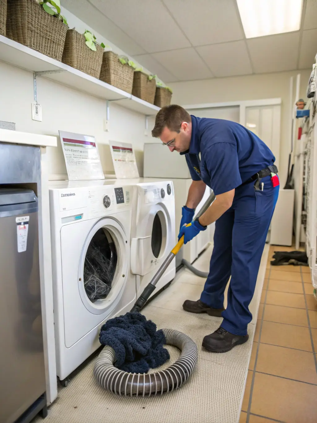 A technician working on a dryer, with lint and other debris visible, emphasizing the importance of regular maintenance and repair.