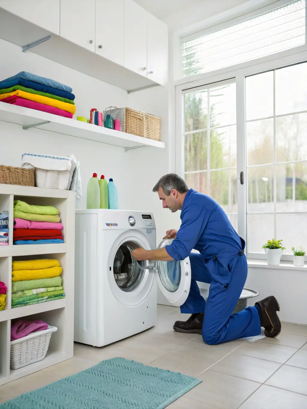 A technician working on the internal mechanisms of a washing machine, with emphasis on the motor and belts. The scene is a tidy laundry room.