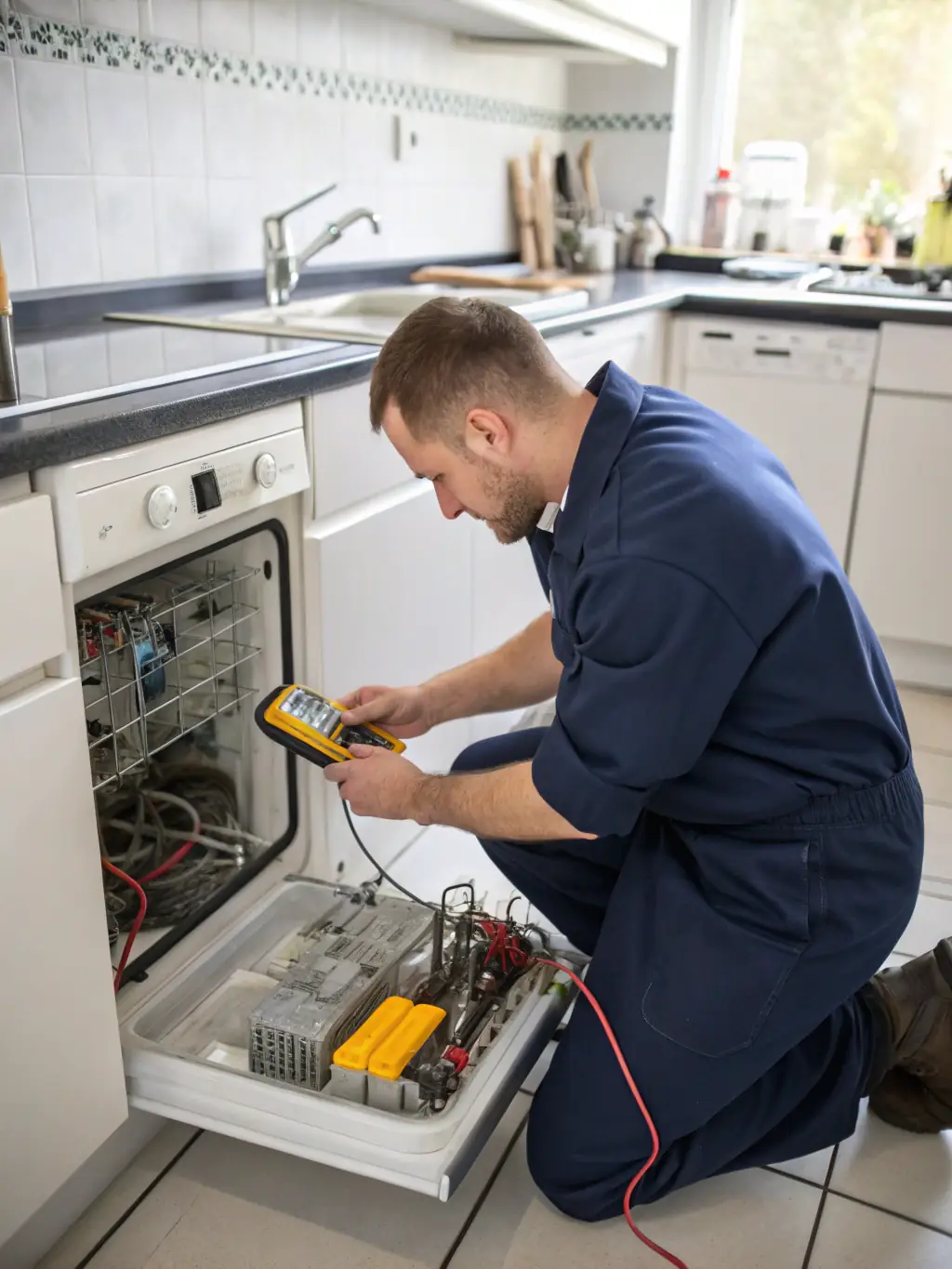 A modern dishwasher being serviced by a technician, with tools and diagnostic equipment visible. The kitchen is clean and well-lit.