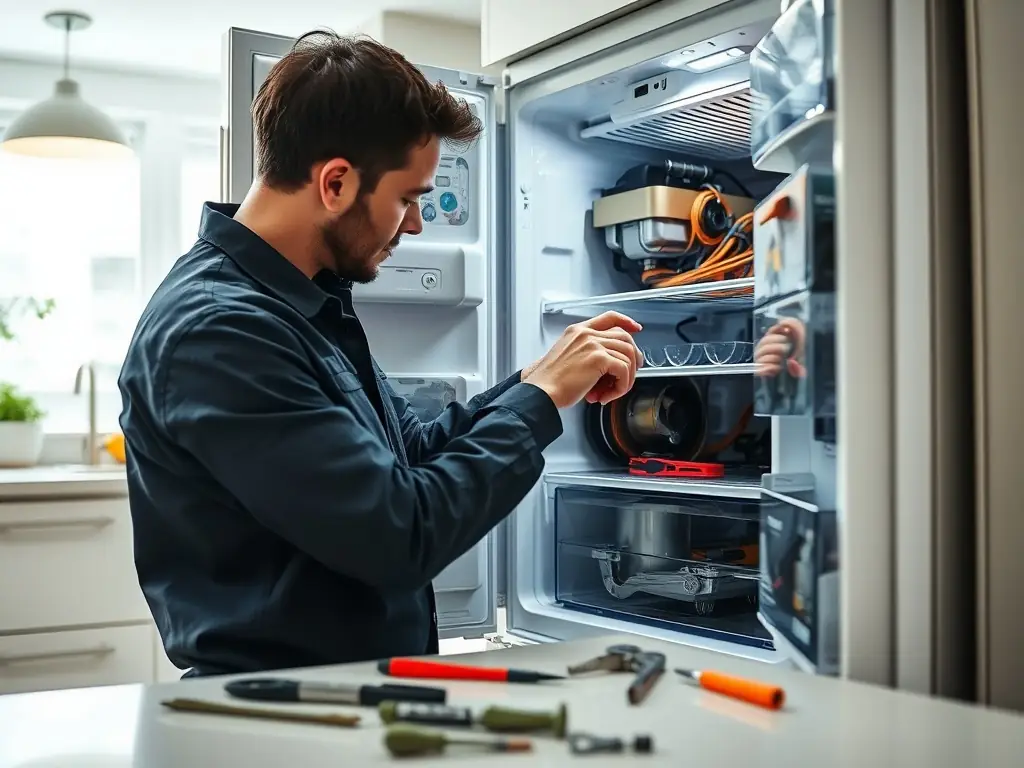 A skilled technician meticulously inspecting the internal components of a refrigerator, using professional tools and wearing safety glasses, in a well-lit workshop environment.