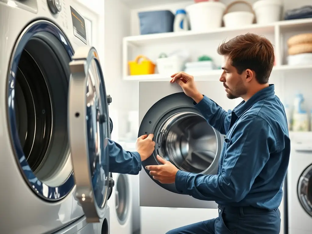A modern washing machine and dryer set in a laundry room, with a technician working on the washing machine. The scene should convey efficiency and reliability.