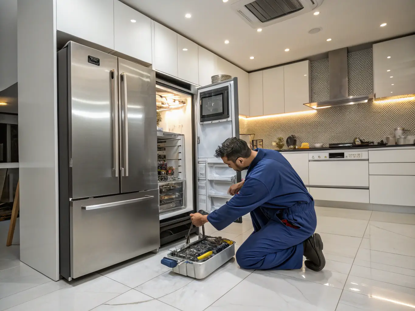 A modern stainless steel refrigerator in a well-lit kitchen, with a technician in uniform carefully examining the interior. The scene conveys professionalism and attention to detail.