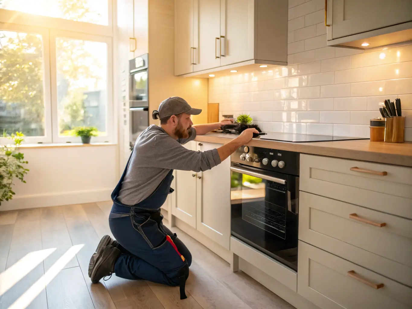 A clean, modern oven and stovetop in a residential kitchen, with a technician adjusting settings. The image should convey precision and expertise.